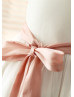 Ivory Taffeta Pink Stripes Knee Length Flower Girl Dress  